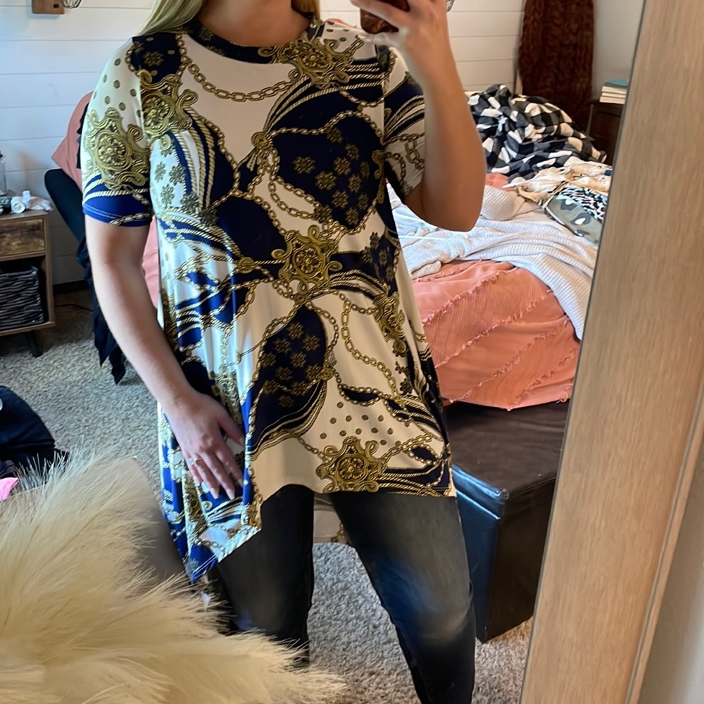 Blue & yellow costal high to low tunic